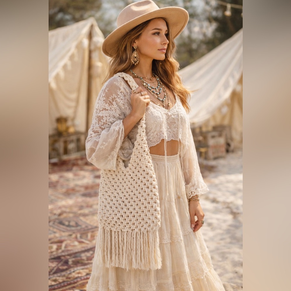 Handmade Fringe Cream Macrame Shoulder Bag